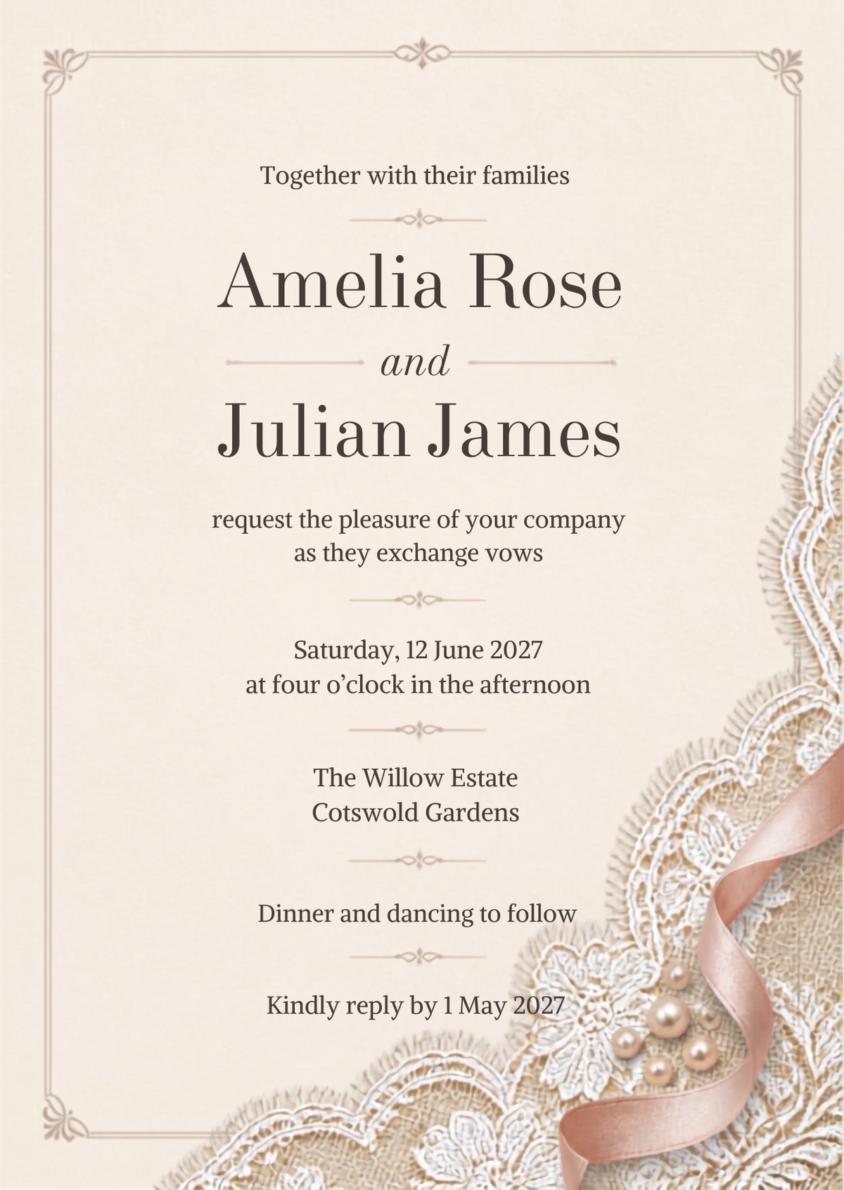Ribbon and Pearl wedding Invitation