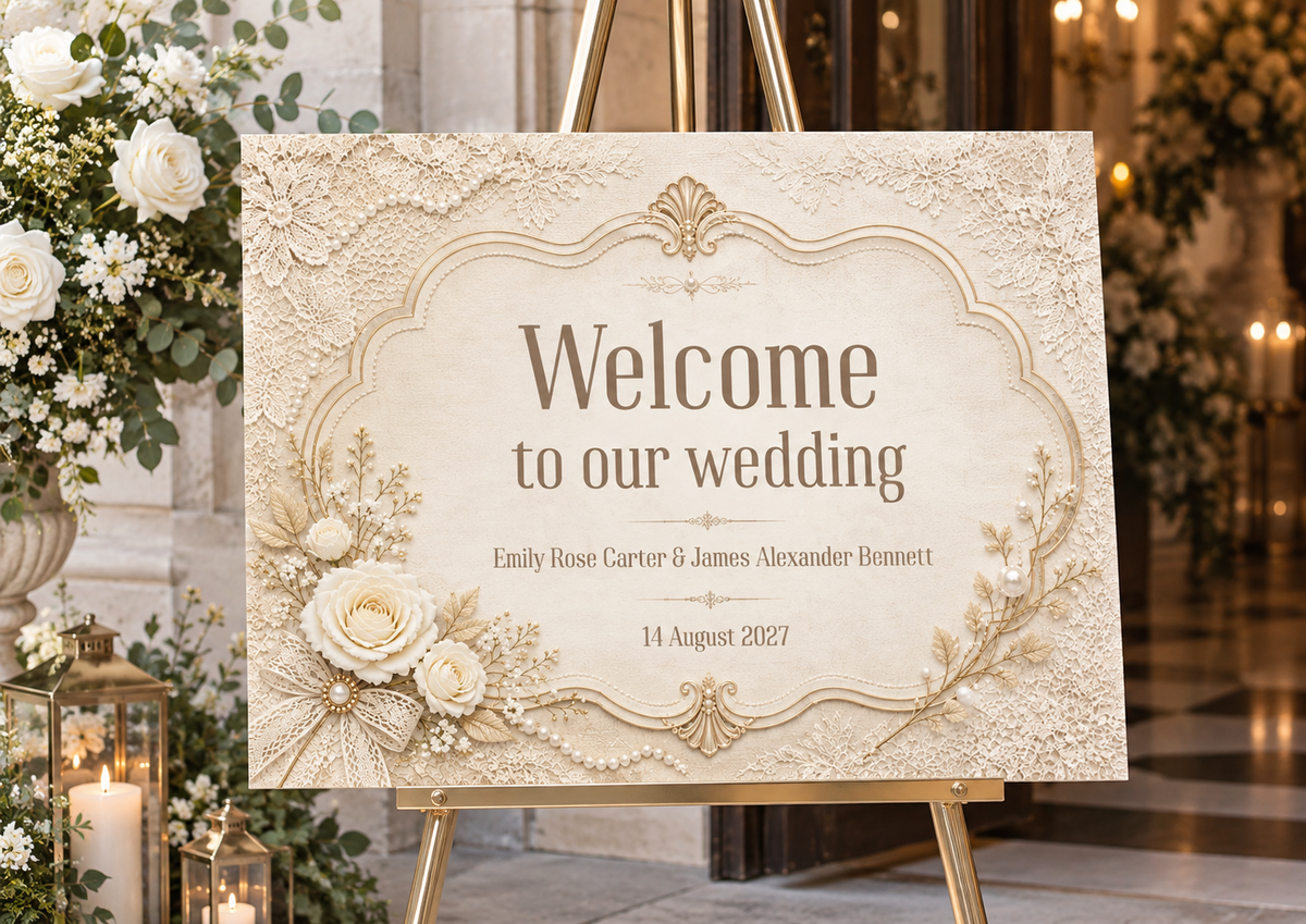 Pearl and Lace Wedding Welcome Sign